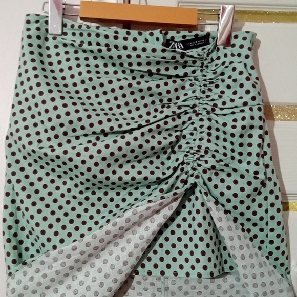 ZARA🐞Linen Ruched Mint Green Polka Dot Asymmetrical Maxi Pencil Skirt Sz:M - Picture 8 of 12